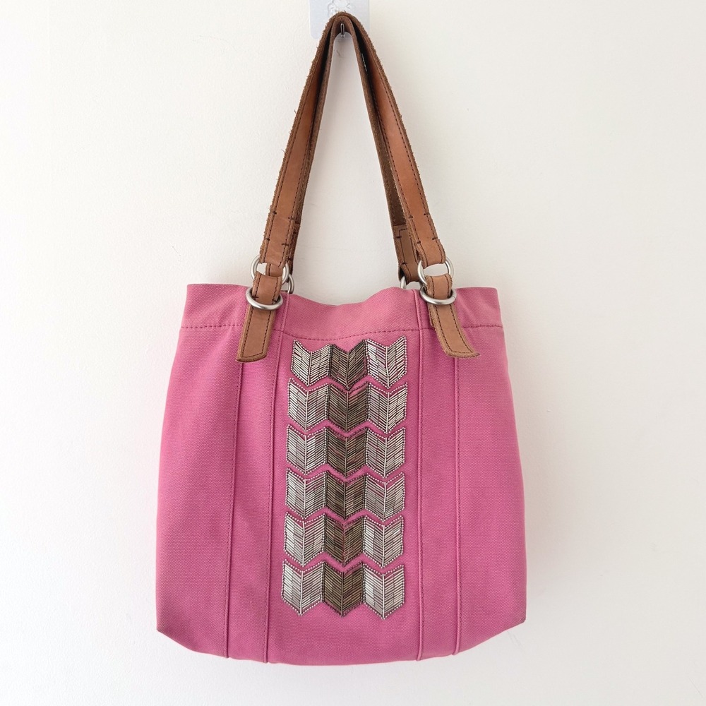 Y2K Fossil Pink Canvas Tote Bag Beaded Embellished Leather Straps Boho